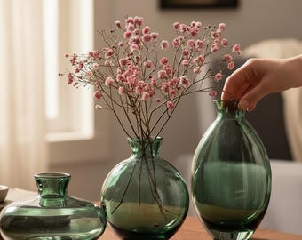 Mini Glass Vase Set of 3, Green Transparent Bud Vases, Modern Flower Vase Set, Small Vase Decor, Dried Flower Arrangement Home Decor