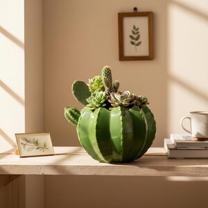 Maceta para suculentas con forma de cactus, maceta de cerámica, jarrón con forma de cactus, decoración para plantas de interior, maceta de escritorio, regalo para amantes de las plantas.