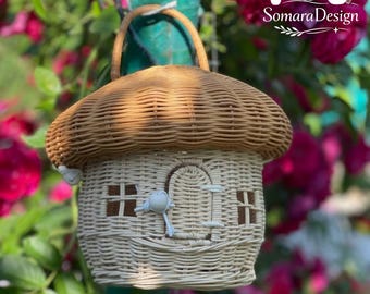Wicker Mushroom Basket with Lid, Cottagecore Storage Basket, Boho Home Decor, Fairy House Basket, Rustic Organizer, Gift for Her