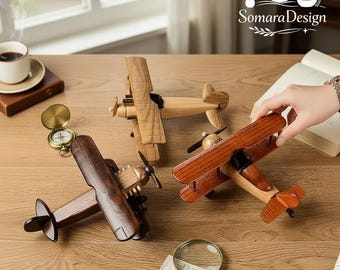 Wooden Airplane Model Set of 3, Vintage Plane Decor, Rustic Aircraft Figurines, Aviation Gift, Desk Decor, Pilot Gift, Travel Decor