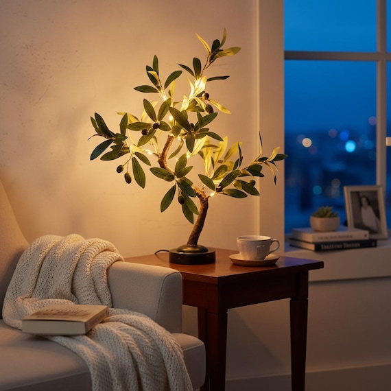 Olive Tree Lamp, LED Bonsai Light, Mediterranean Decor Lamp, Warm Light Table Lamp, USB or Battery Powered Home Lighting
