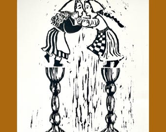 Kindling the Shabbos Lights - Jewish Woodcut Print, Folk Art, Lesbian/Queer Art