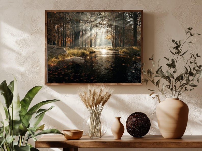 Moody Autumn Forest Art Print, Sunlit Dark Woodland Wall Decor, Gothic ...