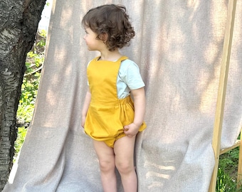 Natural Linen Baby Romper, Adjustable Tie Strap, Minimalist Summer Outfit