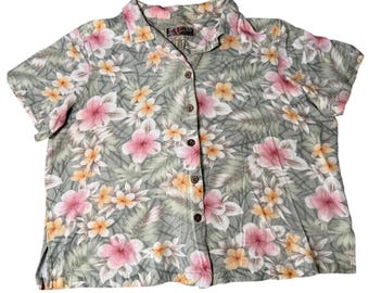 90s Vintage La Cabana Damen Bluse 2X Tropical Hibiscus Rayon Button Up Shirt Sage Pink
