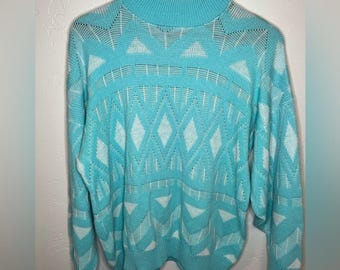 Vintage 1980 Pullover von Jolie Geometrisch gemusterter blau-weißer Pullover Retro