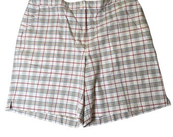 90er Jahre Vintage LizGolf Liz Claidose Karierte Shorts Damen 14 Weiß Rot Blau Gelb