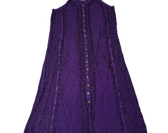 Cute Options Purple Embroidered Button Down Rayon Midi Dress Boho Free Size