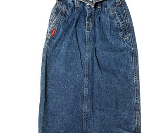 Vintage Jordache Acid Wash Jeans Midi Rock High Waist Plissee Blau Gr. 9 80s