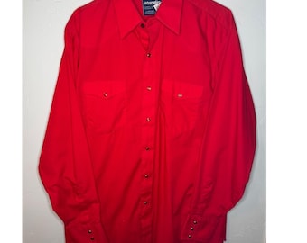 Vintage Wrangler Cowboy Cut Western Shirt Mens 17-35 XL Red Pearl Snap Long Tail