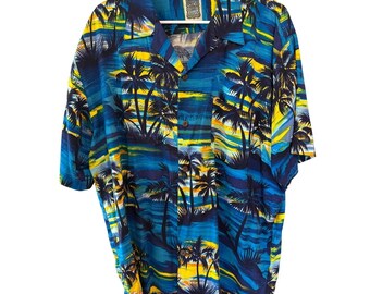 jaren 90 vintage oceaanstroming heren groot blauw geel tropisch rayon Hawaiiaans shirt