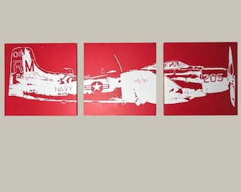 US Navy A-1 Skyraider Triptychon Holz Wand Kunst Rot Weiß Luftfahrt 3 Panel 20x20