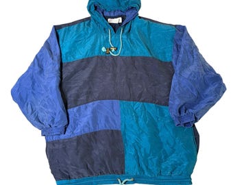 Vintage London Fog Silk Colorblock Windbreaker Hooded Pullover Blue Teal Medium