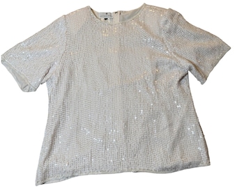 Vintage Saks Fifth Avenue Weiße Seide Pailletten Top Kurzarm Abendbluse XL