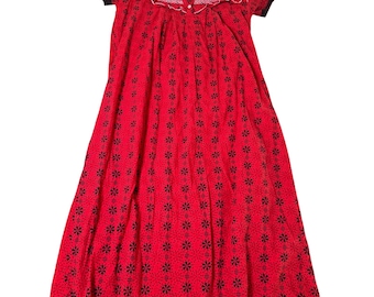 Charak Rot Baumwolle Floral Block Print Nachthemd Gesmokt Rüschen Hauskleid L