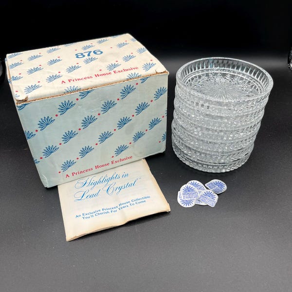 Princess House Highlights Lead Crystal Coasters Set – Starburst Pattern, USA Made