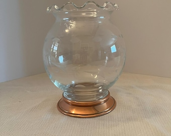 Option 1 (Keyword Rich): Vintage Princess House Heritage Rose Bowl, Etched Crystal Floral Globe Vase with Ruffled Rim and Copper Base,