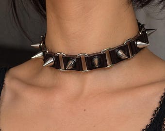 Spiked Choker Necklace: Adjustable Punk Goth Band Metal Hardware