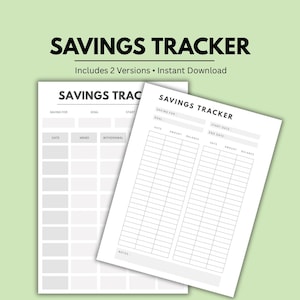 Peut inclure: Deux feuilles blanches imprimables de suivi d'épargne avec le texte "SAVINGS TRACKER" en lettres noires en gras. Une feuille est verticale avec des colonnes pour la date, le mémo et les retraits. L'autre est inclinée avec des colonnes pour la date, le montant et le solde.