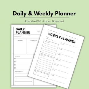 Peut inclure: Deux pages de planificateur imprimables, l'une intitulée "Daily Planner" et l'autre "Weekly Planner". Le planificateur quotidien comporte des sections pour "Today's Focus", "Morning", "Afternoon", "To Do List" et "Appointments". Le planificateur hebdomadaire comprend des sections pour chaque jour de la semaine.