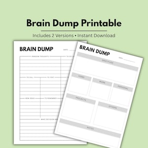 Peut inclure: Deux feuilles imprimables blanches "Brain Dump" avec du texte noir. Une feuille comporte des sections pour les pensées aléatoires, les listes de tâches et les nouvelles idées. L'autre feuille a des sections pour la gratitude, la maison, le travail, le personnel, les projets et les notes.