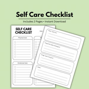 Peut inclure: Un aide-mémoire de soins personnels en deux pages intitulé "Self Care Checklist". La première page présente des sections pour les soins physiques et émotionnels, avec des cases à cocher. La deuxième page propose des invites pour la réflexion quotidienne.