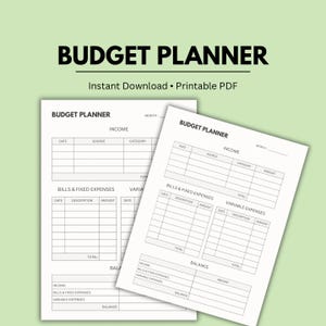Peut inclure: Deux feuilles de planificateur budgétaire blanches avec du texte noir, dont les mots "Budget Planner", "Income", "Bills & Fixed Expenses" et "Variable Expenses". Le texte "Instant Download • Printable PDF" est au-dessus des feuilles.