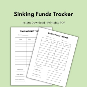 Peut inclure: Un document PDF imprimable Sinking Funds Tracker présentant un tableau avec des colonnes pour Fund, Goal, Saved et Remaining. Le formulaire inclut des champs pour Month, Year, Total Goal, Total Saved, Total Remaining et une section Notes.