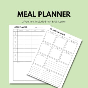 Peut inclure: Deux feuilles blanches de planificateur de repas avec du texte noir. La feuille supérieure est intitulée "MEAL PLANNER" et comprend des sections pour chaque jour de la semaine, ainsi que le petit-déjeuner, le déjeuner, le dîner et les collations. La deuxième feuille est intitulée "MY MEAL PLANNER".