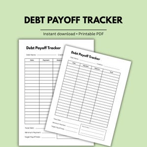 Peut inclure: Un document PDF imprimable Debt Payoff Tracker présentant un tableau avec des colonnes pour Date, Payment, Balance et Note. Le formulaire inclut des champs pour Debt Name, Creditor, Total Debt, Minimum Payment, Target Payoff Date et Reminders.