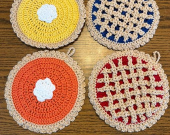 Handmade Crochet Pie Potholders: 100% Cotton, Set of 4