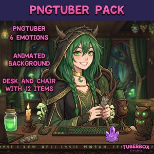May include: A digital asset pack titled PNGTUBER PACK featuring a character with green hair and a hooded cloak, 6 emotions, an animated background, a desk, a chair, and 12 items including a microphone, owl figurine, candle, and potion bottle.