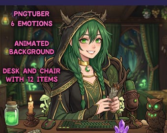 Zestaw gotowych modeli PNGTuber dla kobiet - Earth Witch PNG Tuber Model - VeadoTube - Forest Cottage Vtuber Animowane tło, zasoby strumieniowe VTuber