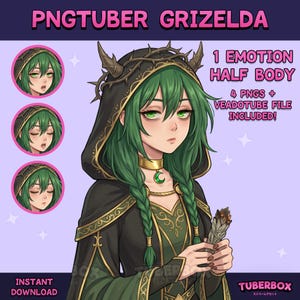Op de afbeelding: Digitale kunst van een PNGTuber-personage genaamd Grizelda. Ze heeft groen haar en ogen en draagt een zwarte cape met gouden details. De afbeelding bevat drie kleinere portretten van Grizelda met verschillende uitdrukkingen en de tekst "1 Emotion Half Body" en "Instant Download."