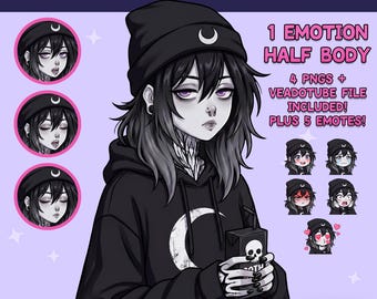 Kobieta PNGTuber - Emo Gotowe PNGTuber Dziewczyna z Emotikonami - Czarne Włosy Grunge PNG Tuber Model - Awatar Twitch, GIFTuber