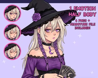 Witch PNGTuber - Gotowa dziewczyna PNGTuber - Gotowy model PNG z kartami tarota w stylu gotyckim - VeadoTube - Awatar Twitch, GIFTuber - Natychmiastowe pobieranie