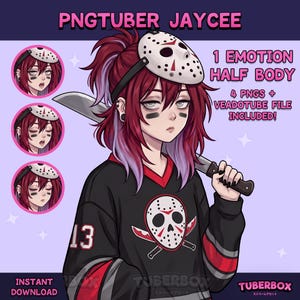 May include: Digital illustration of PNGTuber Jaycee featuring a character with dark red hair, wearing a hockey mask and a black long-sleeve shirt with a skull graphic. Includes 1 emotion half body, 4 PNGs, and a Veadotube file for streaming.