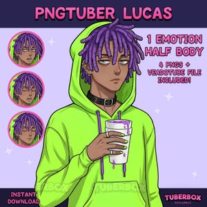 May include: Digital illustration of a character named PNGTUBER LUCAS with purple dreadlocks, wearing a lime green hoodie and black choker. The character holds a white cup with purple liquid. Includes 1 emotion half body, 4 PNGs, and a Veadotube file.