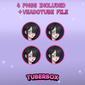 May include: A digital asset set featuring four circular character portraits of a person with black hair and flushed cheeks, each showing a different facial expression. The text 4 PNGS INCLUDED + VEADOTUBE FILE and TUBERBOX is displayed in pink.