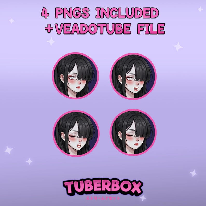 May include: A digital asset set featuring four circular character portraits of a person with black hair and flushed cheeks, each showing a different facial expression. The text 4 PNGS INCLUDED + VEADOTUBE FILE and TUBERBOX is displayed in pink.