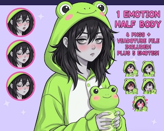PNGTuber femenina - Chica con sudadera de rana PNGTuber con emoticonos - Modelo PNG Tuber - Avatar de Twitch, GIFTuber
