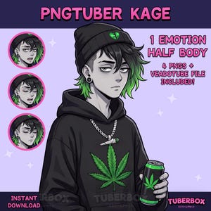 May include: Digital illustration of a character with black hair and green highlights, wearing a black beanie and hoodie with a cannabis leaf design. The image includes the text "PNGTUBER KAGE" and "1 EMOTION HALF BODY". A can with a cannabis leaf is held in the character's hand.