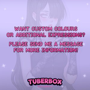 May include: A digital illustration of a character with long dark hair wearing a black top and lace gloves, set against a light purple background with sparkles. The text reads: WANT CUSTOM COLOURS OR ADDITIONAL EXPRESSIONS? PLEASE SEND ME A MESSAGE FOR MORE INFORMATION! TUBERBOX.