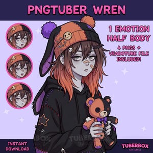 以下が含まれることがあります： PNGTuberのキャラクター、Wrenのデジタルアート。1つの感情を持つ半身イラストが特徴です。キャラクターはオレンジと茶色の髪、黒いパーカー、テディベアを持っています。「INSTANT DOWNLOAD」のテキストが含まれています。