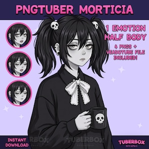 Könnte beinhalten: Digitale Illustration eines PNGTuber-Charakters namens Morticia mit schwarzen Haaren, Zöpfen und einem schwarzen Outfit. Die Figur hält einen schwarzen Becher mit einem Totenkopf-Design. Der Text "1 EMOTION HALF BODY" und "4 PNGS + VEADOTUBE FILE INCLUDED!"
