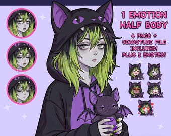 PNGTuber femenina - Chica con capucha de murciélago PNGTuber con emoticonos - Modelo PNG Tuber - Avatar de Twitch, GIFTuber
