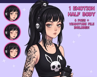 Female PNGTuber - PNGTuber Goth Gym Girl - Urocza, gotowa, czarnowłosa modelka PNG Tuber - VeadoTube - Twitch Avatar, GIFTuber
