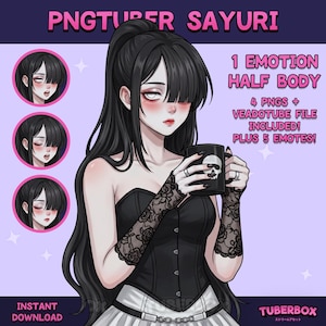 May include: Digital illustration of a character named PNGTUBER SAYURI with long black hair, wearing a black corset and lace arm sleeves, holding a black mug with a skull graphic. Includes 1 EMOTION HALF BODY, 4 PNGS, VEADOTUBE FILE, and 5 EMOTES.