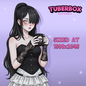 May include: Digital illustration of a character with long black hair, wearing a black corset, white skirt, and black lace arm warmers, holding a black mug with a skull graphic. Text reads TUBERBOX, SIZED AT 1500x2048, and Japanese characters.