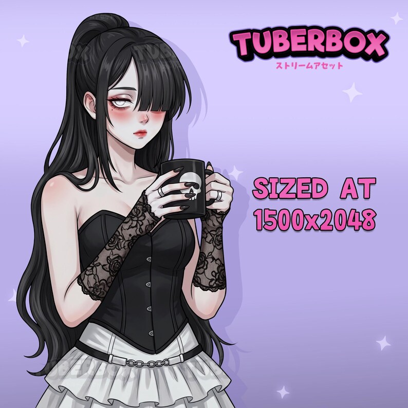 May include: Digital illustration of a character with long black hair, wearing a black corset, white skirt, and black lace arm warmers, holding a black mug with a skull graphic. Text reads TUBERBOX, SIZED AT 1500x2048, and Japanese characters.